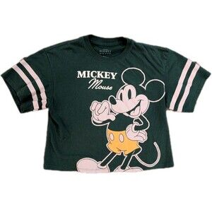 Disney Mickey Mouse Green Crop Top XS Women’s Graphic Tee 100% Cotton Striped